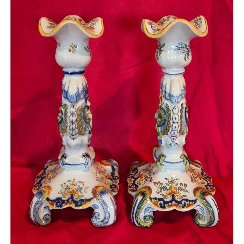 Pair French Faience Candlesticks Hand Painted Floral Blue Yellow Antique Signed